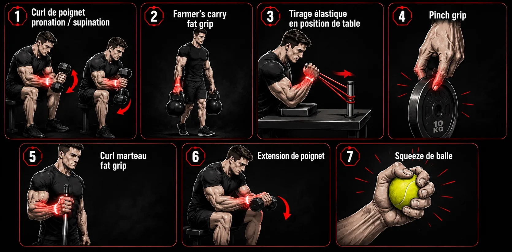 Les 7 exercices fondamentaux du bras de fer à la maison : curl de poignet, farmer's carry fat grip, tirage élastique en position de table, pinch grip, curl marteau fat grip, extension de poignet, squeeze de balle