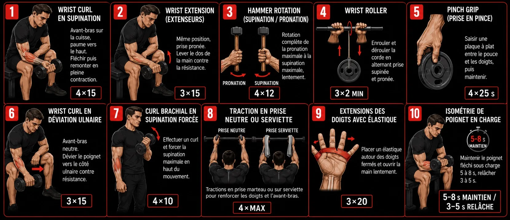 Les 10 meilleurs exercices pour renforcer l'avant-bras et le poignet : wrist curl, wrist extension, hammer rotation, wrist roller, pinch grip, déviation ulnaire, curl supination, traction serviette, extensions élastique, isométrie